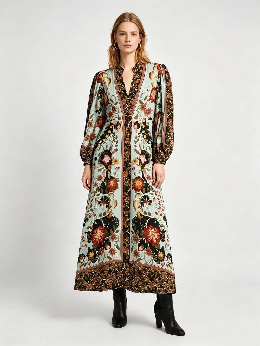 NWOT FARM RIO Long Sleeve Floral Swan Multicolor Maxi Dress Size XXS